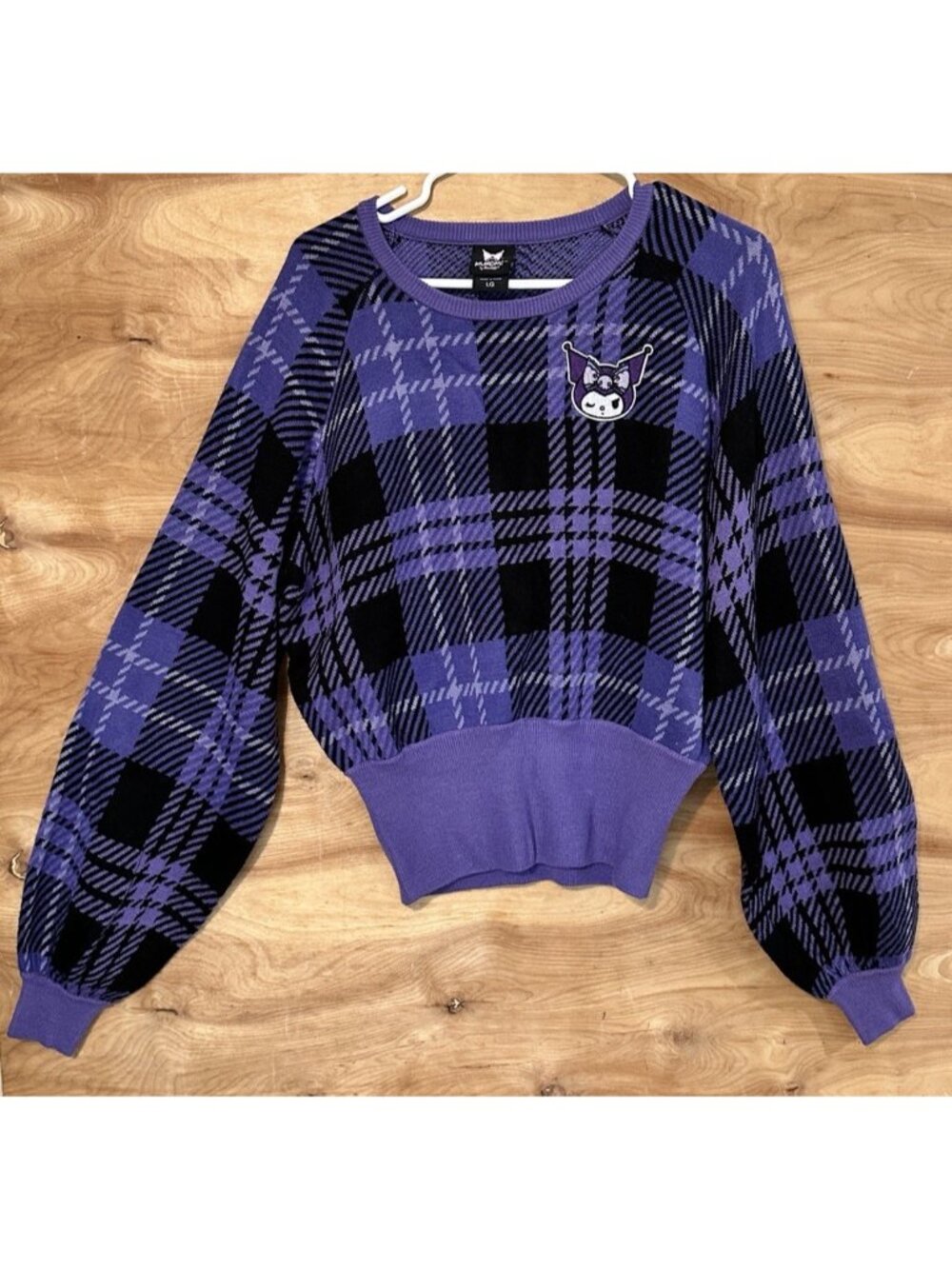 Sanrio Kuromi Hello Kitty Women Lg Knit Plaid Sweater Purple Stretch